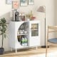 White kitchen sideboard with glass holder, featuring a modern design and ample storage for dining room or living room.