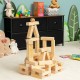 Tumbling timber toy set featuring 54 natural pine wood blocks and a dice, perfect for imaginative stacking play.