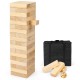 Tumbling timber toy set with 54 natural pine wood blocks, dice, and carrying bag for family fun and gatherings.