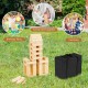 54 pieces of natural pine wood tumbling timber toy stacked in a garden, ideal for family gatherings and outdoor fun.