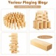54 pieces of natural pine wood tumbling blocks in a carrying bag, perfect for stacking games and family fun.