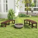 Curved patio bench in rustic brown wood, designed for round tables, featuring a slatted seat for outdoor gatherings.