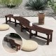 Curved patio bench in rustic brown wood, spacious slatted seat for two, perfect for round tables in outdoor settings.