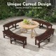 Curved patio bench in rustic brown, designed for round tables, featuring a spacious slatted seat for outdoor gatherings.