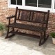 Patio rocking bench double rocker chair in rustic brown finish, featuring ergonomic seat for backyard relaxation.