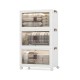 Three-tier stackable storage bins with magnetic doors, lockable casters, and translucent fronts for easy access.