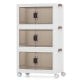 Three-tier stackable storage bins with foldable design, magnetic doors, and wheels for easy mobility and space-saving.