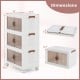 Three-tier stackable storage bins with magnetic doors, lockable casters, and translucent design for versatile.