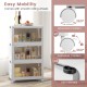 Three-tier stackable storage bins with magnetic doors and lockable casters for versatile organization and easy mobility.