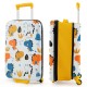 Kids rolling luggage featuring colorful dinosaur patterns, durable hardshell, and foldable design for easy storage.