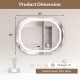 Anti-fog bathroom mirror measuring 36" x 28" with 3 color LED lights and built-in memory function for easy.