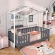 Twin wood house bed in gray and white with guardrails and shelves, perfect for kids' themed bedrooms.