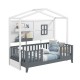 Montessori twin house bed in gray and white, featuring solid wood frame and playful design for kids' independence and.