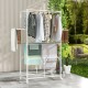 Foldable aluminum laundry rack with hanging rods and drying shelves, ideal for outdoor use and space-saving storage.