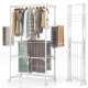 Foldable aluminum laundry rack with hanging rods and drying shelves, ideal for laundry or balcony use, featuring wheels.