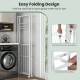 Foldable aluminum laundry rack with hanging rods, drying shelves, and wheels for easy movement and space-saving storage.