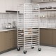 20-tier bun pan speed rack with lockable rubber wheels, rustproof aluminum, ideal for kitchens and bakeries.