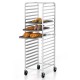20-tier bun pan speed rack with lockable rubber wheels, featuring three shelves for easy pan access and ventilation.