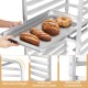 20-tier bun pan speed rack with rustproof aluminum tubes, featuring a tray of baked goods for kitchen or bakery use.
