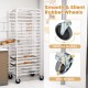 20-tier bun pan speed rack with lockable rubber wheels, featuring rustproof aluminum and smooth movement for kitchens.
