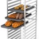 20-tier bun pan speed rack displaying various baked goods, featuring rustproof aluminum and lockable rubber wheels for.