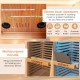 Single person far infrared wooden sauna with stereo dual speakers and multipurpose handle for enhanced relaxation.