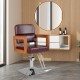 Hydraulic barber chair with red PVC leather, wooden armrests, and 360-degree swivel for hairstylist convenience.
