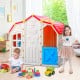 Cottage kids playhouse with openable windows and door, designed for safe play, suitable for indoor and outdoor use.