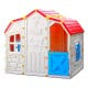Cottage kids playhouse with red roof, blue windows, and working door, designed for safe indoor and outdoor play.