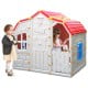 Cottage Kids Playhouse with red roof and blue windows, designed for safe indoor and outdoor play for children.