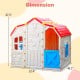 Cottage kids playhouse with red roof, blue windows, and openable door, designed for safe indoor and outdoor play.