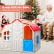 Cottage kids playhouse with red roof and blue windows, designed for safe indoor and outdoor play for children over 3.