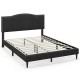 Queen size upholstered bed frame with nailhead trim headboard, featuring wooden slats and under-bed storage for.