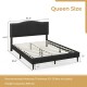 Queen size upholstered bed frame with nailhead trim headboard, featuring sturdy wooden slats and under-bed storage.