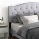 Queen size upholstered platform bed with button tufted headboard, featuring durable linen fabric and cozy pillows for.