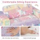 Colorful 2-in-1 flip-out kids sofa chair with flannel fabric, soft sponge, and glowing patterns for playroom comfort.