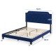 Queen size velvet bed frame featuring a blue tufted headboard and elegant nailhead trim, perfect for modern bedroom.
