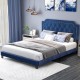 Queen size velvet bed frame with button tufted headboard and nailhead trim, perfect for stylish bedroom decor.