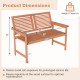 Outdoor wooden bench dimensions showing slatted backrest, 2-person capacity, and solid wood construction for patio use.