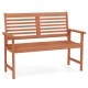 Patio solid wood loveseat bench with inclined backrest, slatted seat, and widened armrests for outdoor comfort.