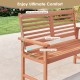 Patio solid wood loveseat with inclined backrest, slatted seat, and wide armrests for outdoor comfort and relaxation.