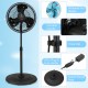 16-inch oscillating pedestal fan with misting feature, adjustable height, and stable round base for outdoor use.