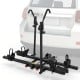 Tilt-able 2-inch hitch mount bike rack for 2 bikes, featuring adjustable wheel holders and a durable metal frame.