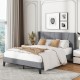 Full/Queen size bed frame with wingback headboard, upholstered fabric, and wood slat support for enhanced comfort.