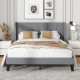 Full/Queen size bed frame with wingback headboard, upholstered in breathable fabric, featuring wood slat support and.