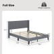 Full size bed frame with wingback headboard, wood slat support, and adjustable legs for stability and comfort.