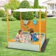 Kids sandbox with removable canopy, featuring a sand wall and corner seats, perfect for outdoor play.