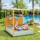 Kids sandbox with removable canopy, featuring a sand wall and built-in seats, perfect for outdoor play.