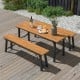 Folding picnic table made of acacia wood with a metal frame, perfect for indoor and outdoor dining for six people.