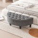 Half-moon storage bench in gray velvet with button tufting and rubber wood legs, perfect for bedrooms or entryways.